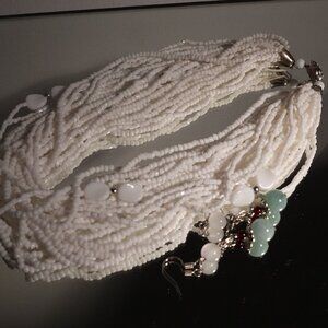 White Multistrand Necklace and Matching Natural Jade Bead Earrings Set